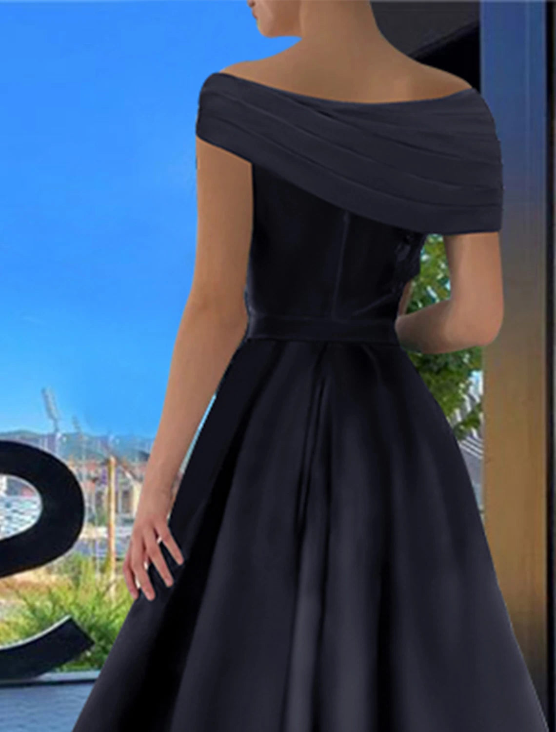 Vestido de fiesta de corte A, negro, talla grande, formal, para boda, fiesta, largo hasta el suelo, manga corta, hombros descubiertos, satén, con abertura fruncida, 2025